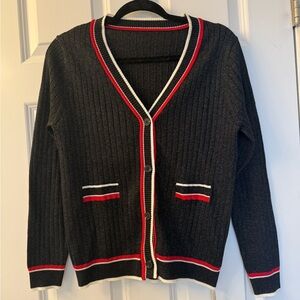 NWT Black Metallic Ribbed Varsity Cardigan with Red & White Trim